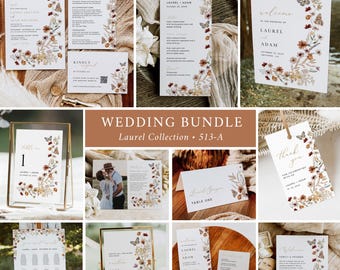 Fall Wedding Bundle, Wildflower Wedding Pack, Pressed Flower Wedding Invitation Set, Wedding Kit, Stationery Set, Editable Template, 513-A