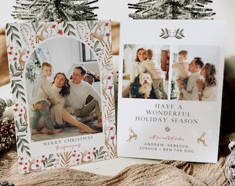 Printable Christmas Card Template, Nordic Christmas Card with Photo, Editable Scandi Holiday Card, Xmas Card, Deer Photo Holiday Card, 218-B