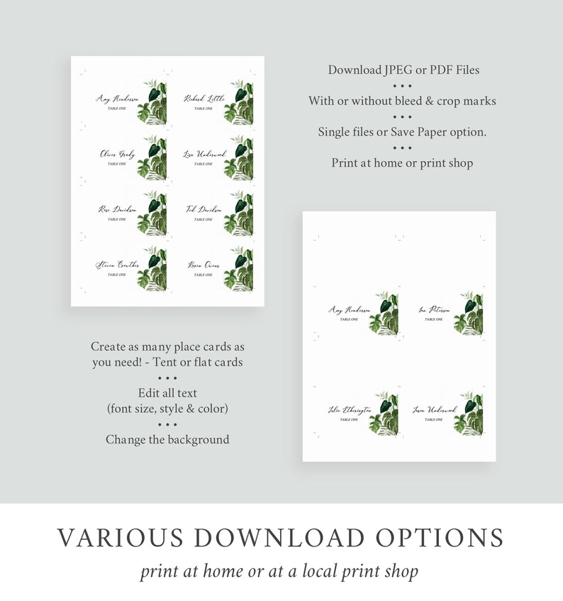 Monstera Place Cards Tropical Greenery Name Card, Monstera Wedding Name Card, Palms Seating Card Printable Name Card Editable Template 550-A image 4