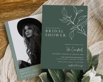 Boho Bridal Shower Invite Sage, Sage Green Bridal Shower Invitation, Minimal Botanical Invitation Photo, Editable Invitation Template, 589-C