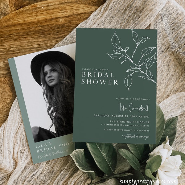 Sage Green Bridal Shower Invitation, Boho Bridal Shower Invite Sage, Minimal Botanical Invitation Photo, Editable Invitation Template, 589-C