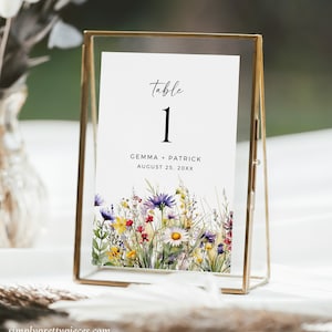 Bright Wildflower Table Number Meadow Flowers Wedding Table Card, Boho Printable Table Name Sign Floral Editable Table Number Template 510-A