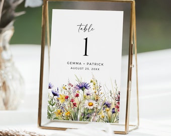 Meadow Flowers Wedding Table Card, Bright Wildflower Table Number Boho Printable Table Name Sign Floral Editable Table Number Template 510-A