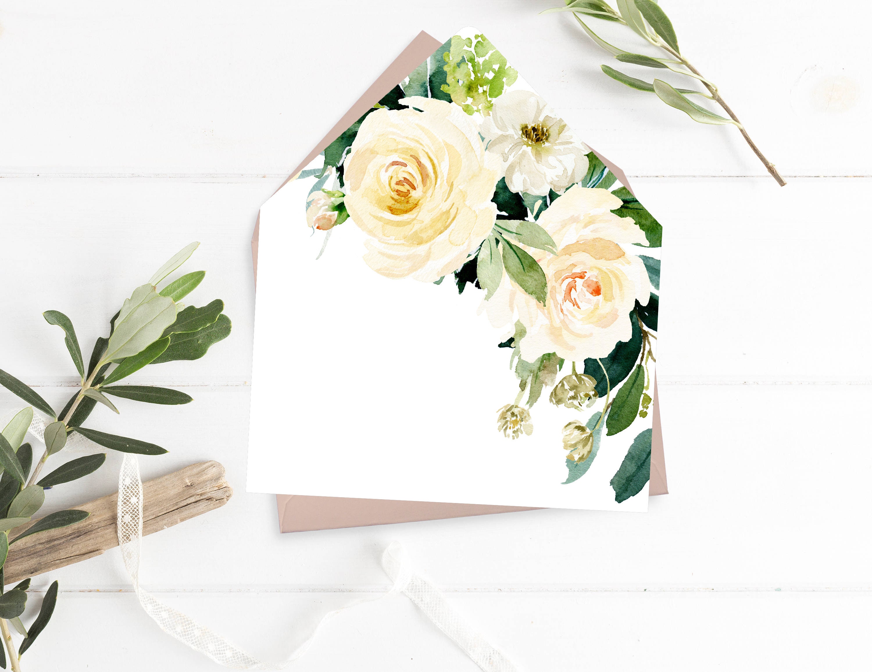 Printable Yellow Floral Envelope Liner, Lemon Yellow Greenery Envelope Liner, Watercolor Roses