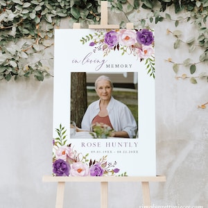 Memorial Welcome Sign Woman, Welcome Sign Funeral, Memorial Poster, Printable In Loving Memory Sign Lilac Peony Editable Sign Template 530-A