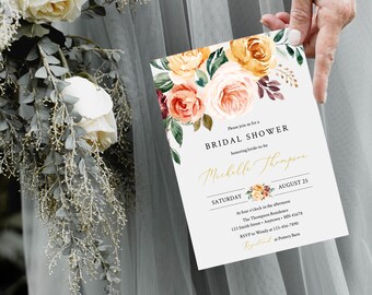 Gold Floral Editable Bridal Shower Invitation, Peach Blush Fall Shower Invite DIY Template, Printable, Greenery, Instant Download, 540-A