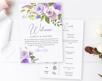 Editable Dusty Lilac Floral Welcome Bag Letter Itinerary, Wisteria Wedding Timeline, Printable Order Events, Template Instant Download 555-A