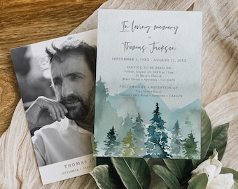 Funeral Announcement Mountains, Woodland Funeral Invitation Man, Memorial Invite, Celebration of Life Digital Editable Invite Template 531-A