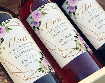 Gold Geometric Lilac Floral Editable Wine Bottle Labels, Full Size Wine Bottle Label, Purple DIY Template, Printable Instant Download 511-A