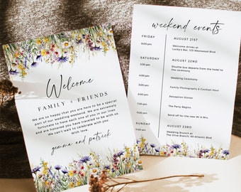 Floral Wedding Timeline, Bright Wildflower Wedding Weekend Itinerary, Boho Welcome Bag Letter Agenda Editable Order of Events Template 510-A