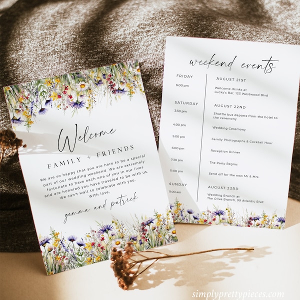 Bright Wildflower Wedding Weekend Itinerary, Floral Wedding Timeline, Boho Welcome Bag Letter Agenda Editable Order of Events Template 510-A