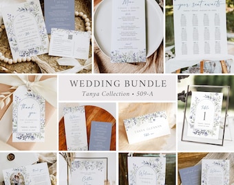 Floral Wedding Pack Wildflower Wedding Invitation Set, Dusty Blue Wildflower Wedding Bundle Wedding Stationery Kit, Editable Template 509-A