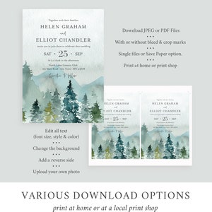 May include: Wedding invitation with a watercolor background of a misty forest with mountains in the distance. The invitation is for Helen Graham and Elliot Chandler, and the date is Saturday, September 25th. The text "Reception to follow" is at the bottom of the invitation.