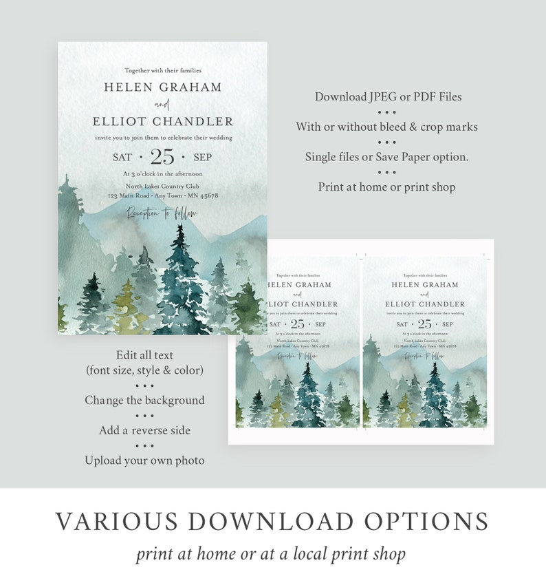 May include: Wedding invitation with a watercolor background of a misty forest with mountains in the distance. The invitation is for Helen Graham and Elliot Chandler, and the date is Saturday, September 25th. The text "Reception to follow" is at the bottom of the invitation.