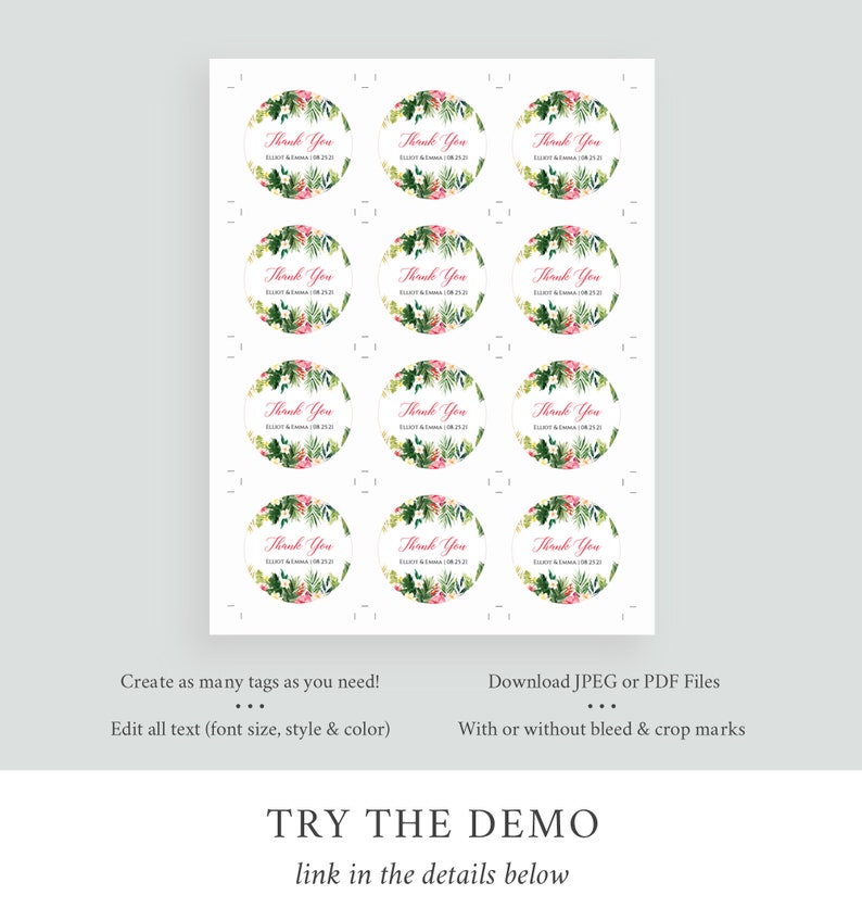 Tropical Round Editable Tags Printable Round Favor Tag Pink | Etsy