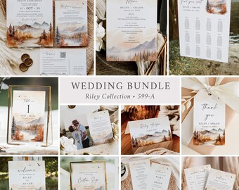 Mountain Wedding Invitation Set, Rustic Wedding Stationery Set, Woodland Wedding Bundle Fall Wedding Pack, Outdoors, Editable Template 599-A