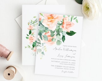 Editable Peach Wedding Invitation, Eucalyptus Wedding Invite Template, Printable Wedding Invite, Peach Rose Invite, Foliage Invitation 551-A