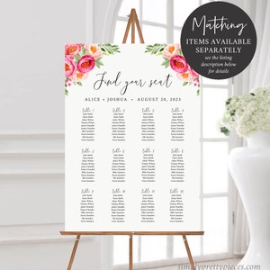 May include: A wedding seating chart with floral decorations. The chart is titled "Find your seat" and lists the names of guests assigned to each table. The wedding date is August 20, 2023.