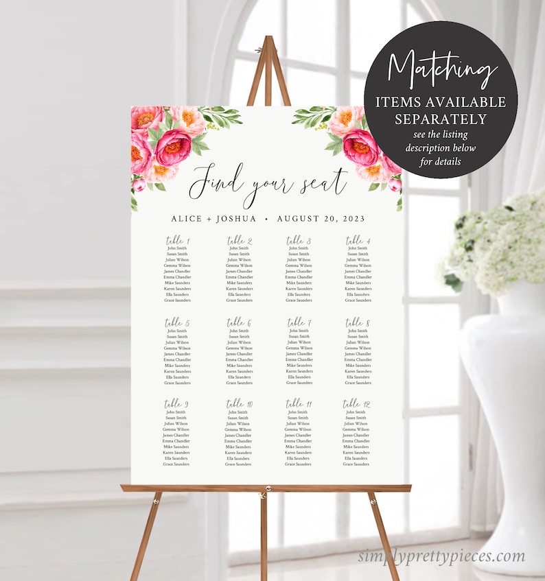 May include: A wedding seating chart with floral decorations. The chart is titled "Find your seat" and lists the names of guests assigned to each table. The wedding date is August 20, 2023.