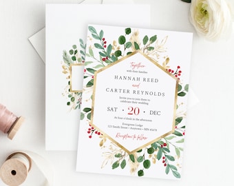 Winter Red Berry Editable Wedding Invitation, Gold Greenery Christmas Wedding Invite, Foliage, Printable Template, Instant Download, 585-A