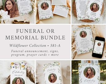 Wildflower Funeral Pack, Woman's Memorial Bundle, Celebration of Life Set, In Loving Memory Bundle, Funeral Sign, Editable Template, 581-A