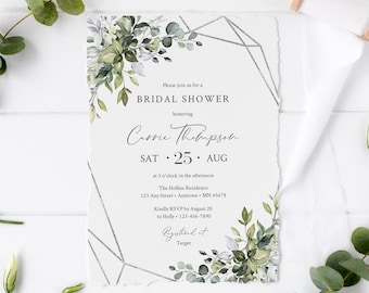 Silver Geometric Foliage Editable Bridal Shower Invitation, Eucalyptus Shower Invite DIY Template, Printable, Green, Instant Download, 568-A