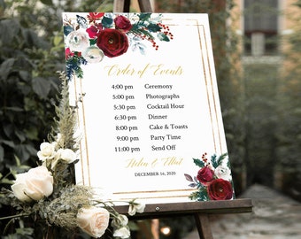 Editable Cranberry Gold Order of Events Sign, Order of the Day Sign, Winter Itinerary, Schedule, Timeline, Template Instant Download 543-A