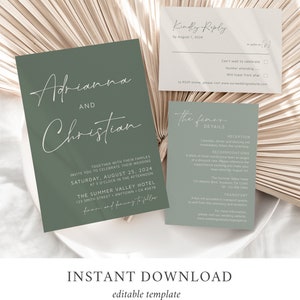 May include: A green wedding invitation with white text. The invitation reads "Adrianna and Christian" and includes the wedding date, time, and location. The invitation also includes a RSVP card with the text "Kindly Reply by August 1, 2024".