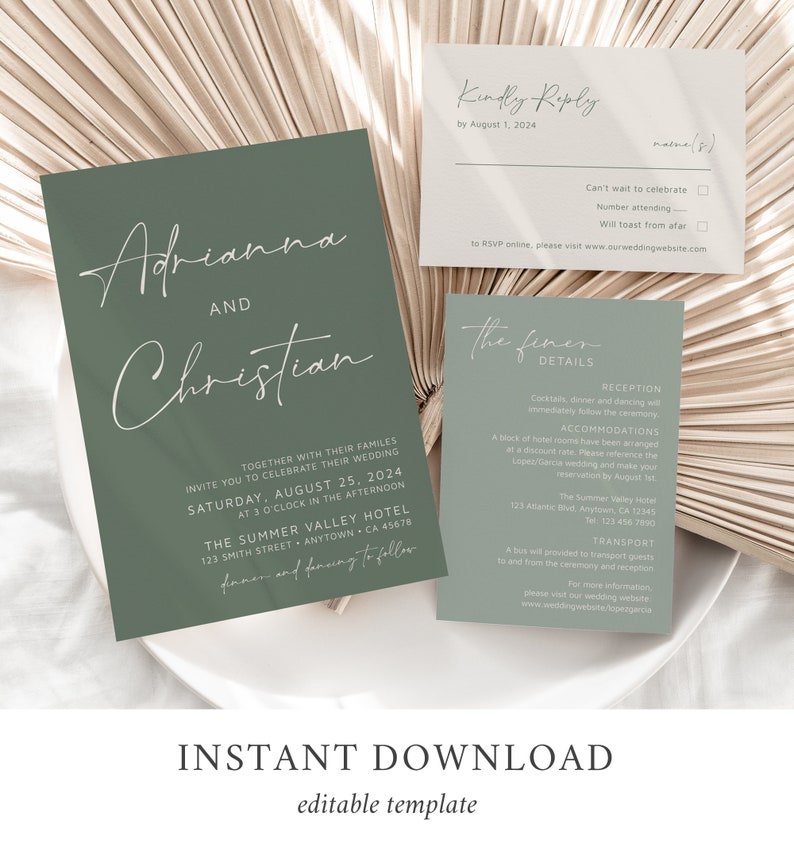 May include: A green wedding invitation with white text. The invitation reads "Adrianna and Christian" and includes the wedding date, time, and location. The invitation also includes a RSVP card with the text "Kindly Reply by August 1, 2024".