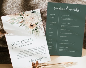 Editable Sage Boho Welcome Bag Letter Itinerary, Printable Modern Pampas Grass Wedding Timeline, Green Order Events Template, Download 591-A