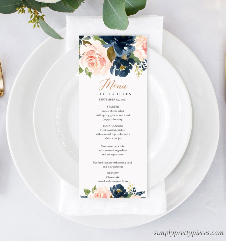 May include: A wedding menu card with a floral design in shades of pink, blue, and green. The text reads "Menu, Elliot & Helen, September 25, 2021". The menu includes starter, main course, and dessert options.