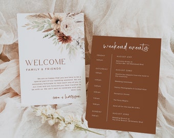 Printable Boho Welcome Bag Letter Itinerary, Editable Modern Pampas Grass Wedding Timeline, Terracotta Order Events Template, Download 590-A