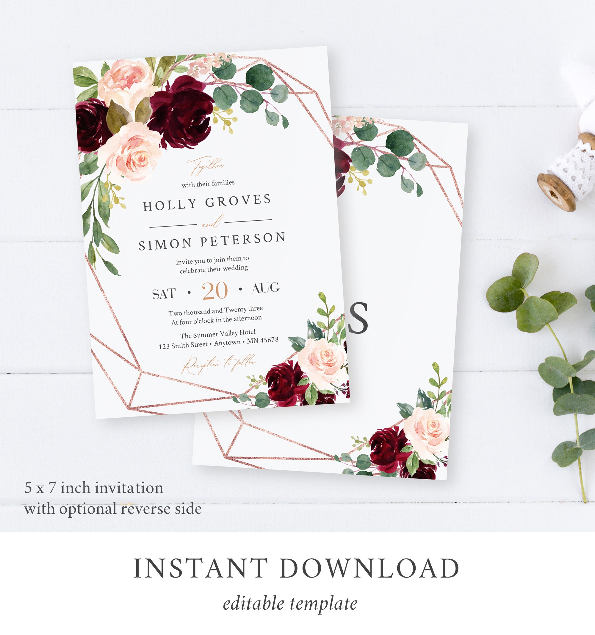 Rose Gold Glittery Wedding Invite with Floral Insert and Burgundy Ribb –  Charm Invites