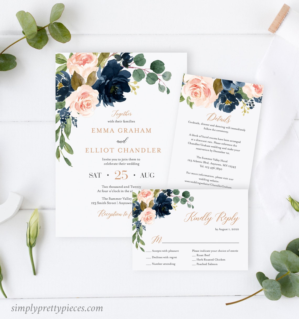 Rose Gold Navy Blush Floral Editable Wedding Invitation Suite image 1