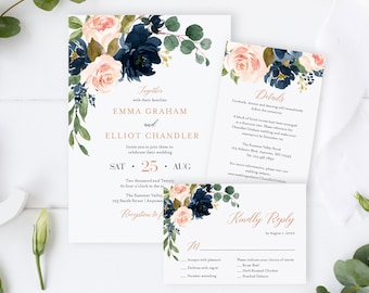 Navy Blush Floral Editable Wedding Invitation Suite, Rose Gold RSVP Details, Printable Template, Pink Blue, Instant Download Templett 542-A