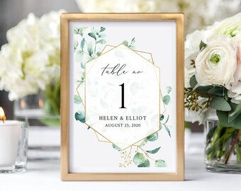 Eucalyptus Geometric Editable Table Numbers, Printable Greenery Gold Table Numbers, Boho Table Number DIY Template, Instant Download, 533-A