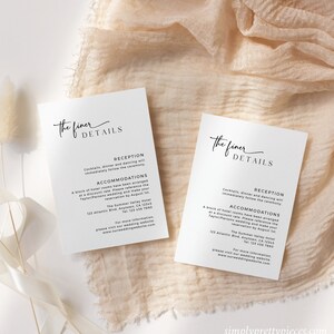 K&ouml;nnte beinhalten: Zwei wei&szlig;e Karten mit schwarzem Text, jede mit dem Titel "The finer details". Die Karten geben Informationen &uuml;ber einen Hochzeitsempfang und Unterk&uuml;nfte. Der Empfang beinhaltet Cocktails, Abendessen und Tanzen. Die Unterk&uuml;nfte befinden sich in einem Hotel mit einem erm&auml;&szlig;igten Preis f&uuml;r Hochzeitsg&auml;ste. Das Hotel ist The Summer Valley Hotel, gelegen am 123 Atlantic Blvd., Anytown, CA 12345. Die Telefonnummer lautet 123 456 7890.