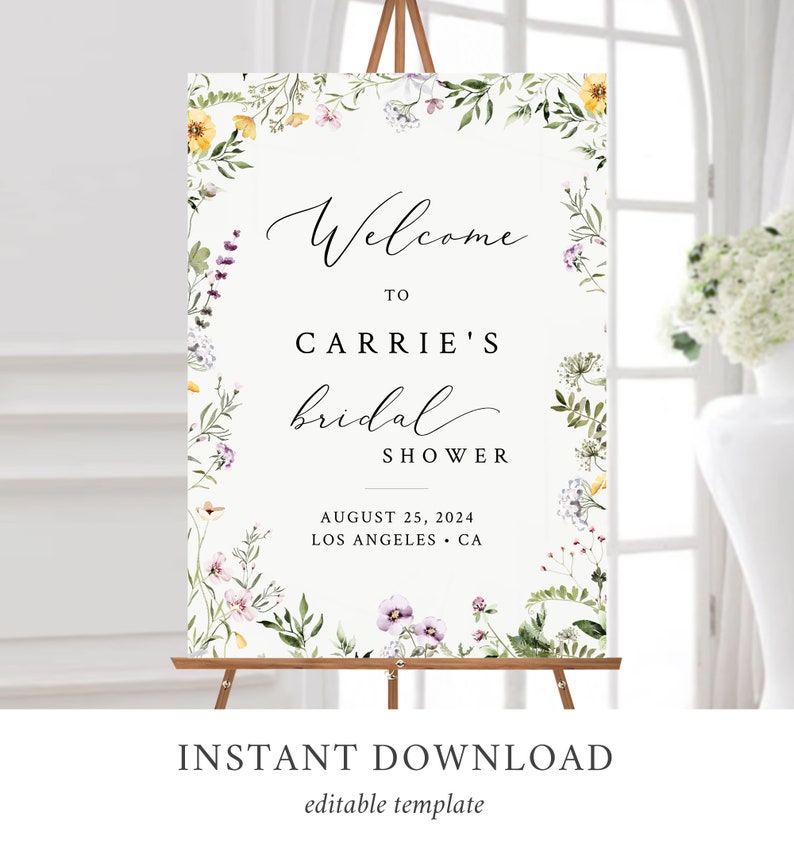 May include: A printable bridal shower welcome sign with a floral border. The sign says "Welcome to Carrie's Bridal Shower" and includes the date "August 25, 2024" and location "Los Angeles, CA".