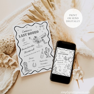 Pu&ograve; includere: Un invito stampabile in bianco e nero per un addio al nubilato a tema western. L'invito dice "Cassie's Last Rodeo" e include un disegno di una donna che cavalca un bicchiere di champagne. L'invito include anche le date "giugno 25-27" e la posizione "Nashville, Tennessee".