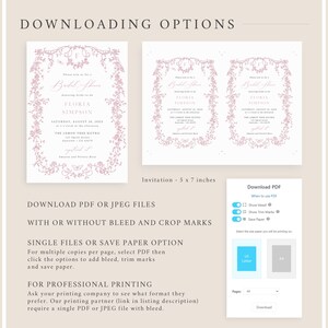 May include: A digital download for a printable bridal shower invitation. The invitation features a pink floral design with the text "Bridal Shower Honoring Bride-to-be Floria Simpson" and the date and location of the event. The invitation is available in PDF or JPEG format with or without bleed and crop marks.