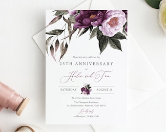 Purple Lilac Floral Editable Anniversary Party Invitation, Plum Lavender Anniversary Invite, DIY Template, Instant Download, Templett, 527-A