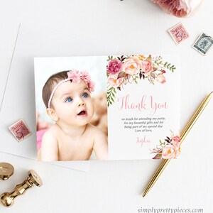 Tarjeta de agradecimiento bohemia con foto imprimible en rosa, plantilla floral editable, agradecimiento para bautizo, cumpleaños, baby shower, descarga instantánea 308-PG