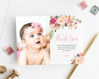 Photo Boho Thank You Card, Editable Pink Floral Printable Thank You Template, Baptism Birthday Baby Shower Thank You Instant Download 308-PG