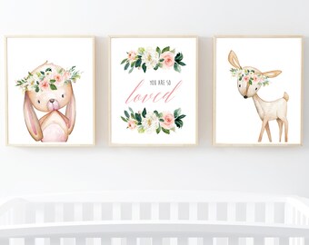 Blush Floral So Loved Woodland Animals Printable Nursery Art, Forest Animals Nursery Art, Deer Rabbit Art, Set of 3, Instant Download 614-A