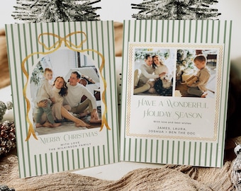 Striped Christmas Card with Photo, Editable Bow Holiday Card Template, Printable Vintage Xmas, 226-B