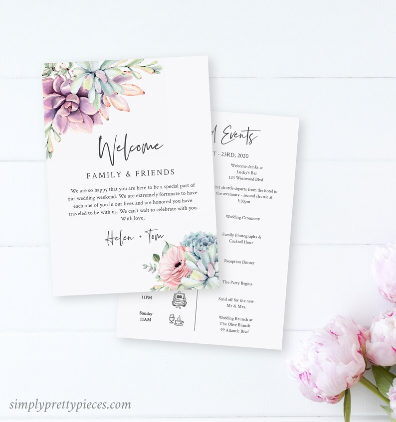 May include: A wedding invitation suite featuring a watercolour succulent design. The welcome card includes a floral illustration and the text "Welcome Family & Friends". The second card lists the wedding events, including the ceremony, reception, and brunch. The text "Helen & Tom" is featured on the welcome card.