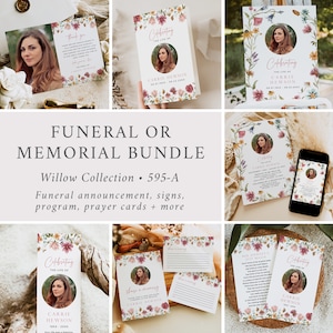 Puede incluir: Un paquete de funeral o memorial con un tema floral. El paquete incluye un anuncio de funeral, letreros, programa, tarjetas de oración y más. El diseño presenta un patrón floral de acuarela con flores rosas, amarillas y verdes. El texto "Celebrating the Life of Carrie Hewson" está incluido en las tarjetas.