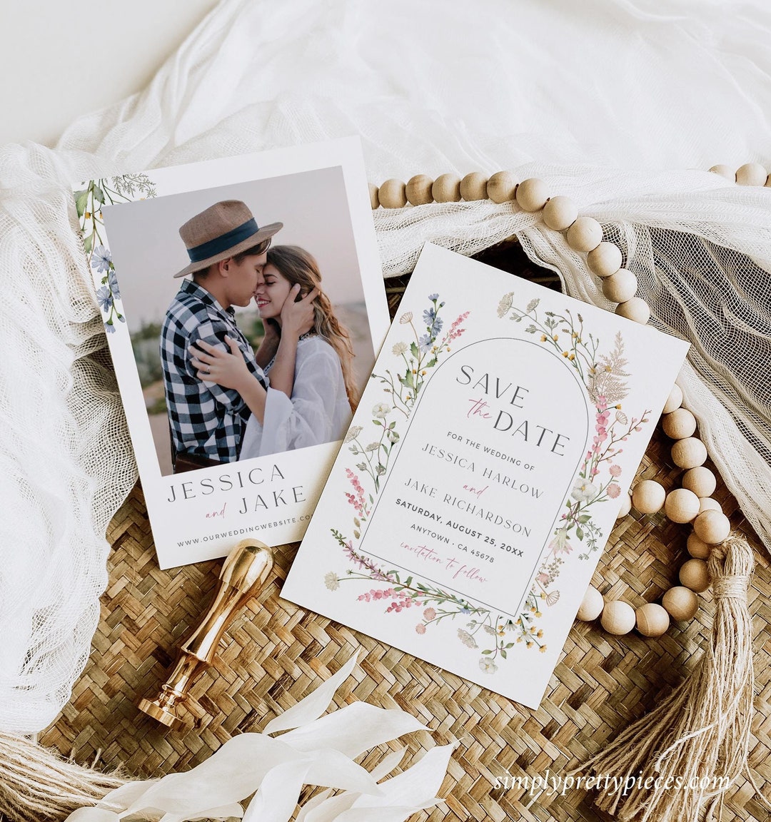 Dusty Pink Wildflower Save the Date With Photo, Boho Floral