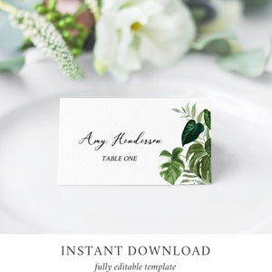 Monstera Place Cards Tropical Greenery Name Card, Monstera Wedding Name Card, Palms Seating Card Printable Name Card Editable Template 550-A image 2