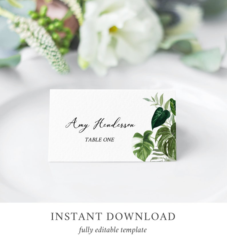 Monstera Place Cards Tropical Greenery Name Card, Monstera Wedding Name Card, Palms Seating Card Printable Name Card Editable Template 550-A image 2